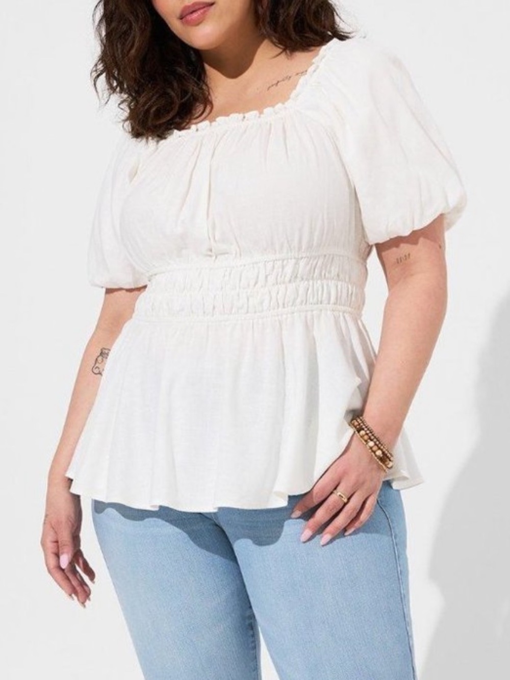 torrid White Smocked Waist Puff Sleeve Peplum Top